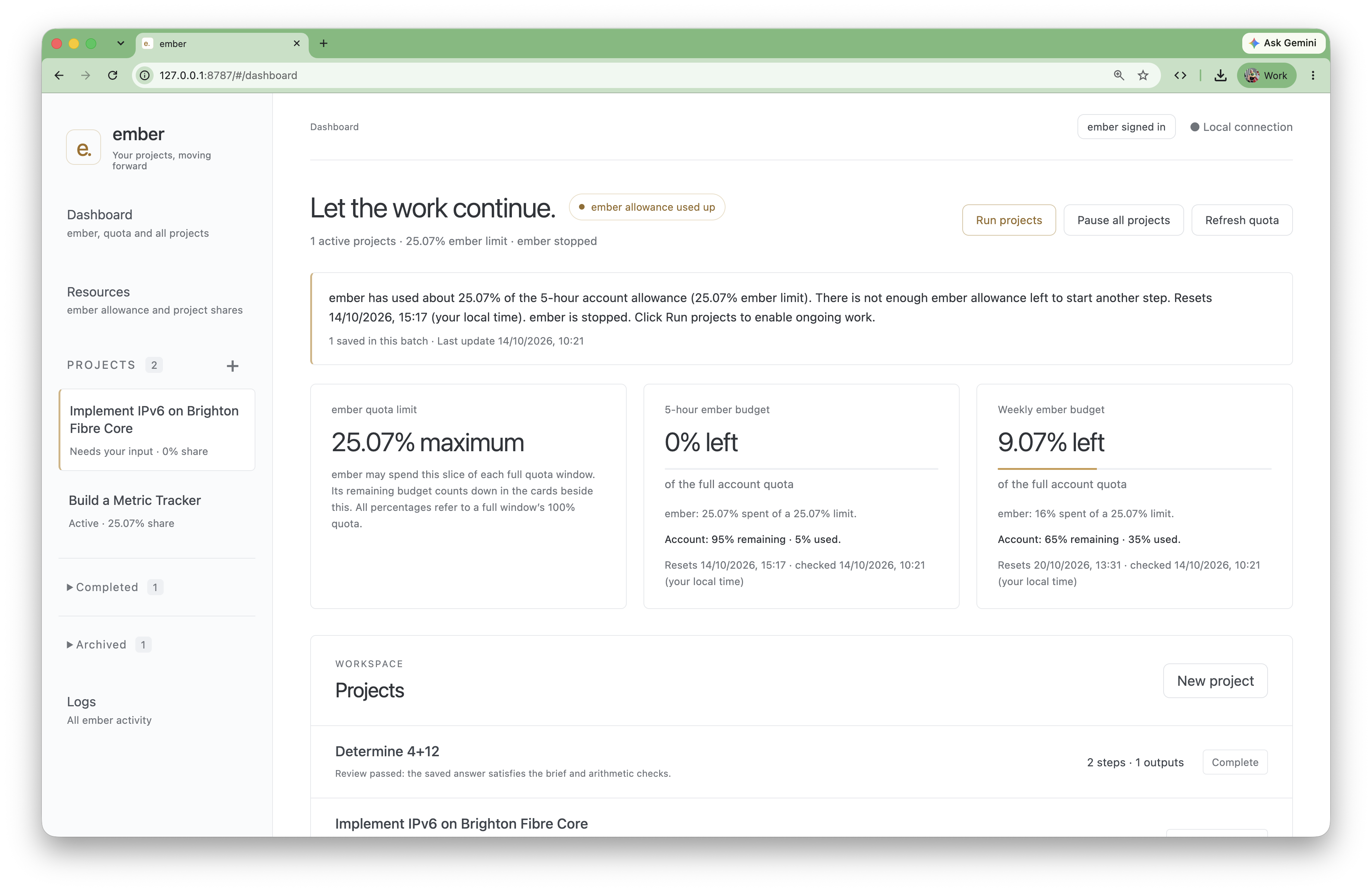 Ember dashboard showing project activity, quota allocation and available AI capacity.