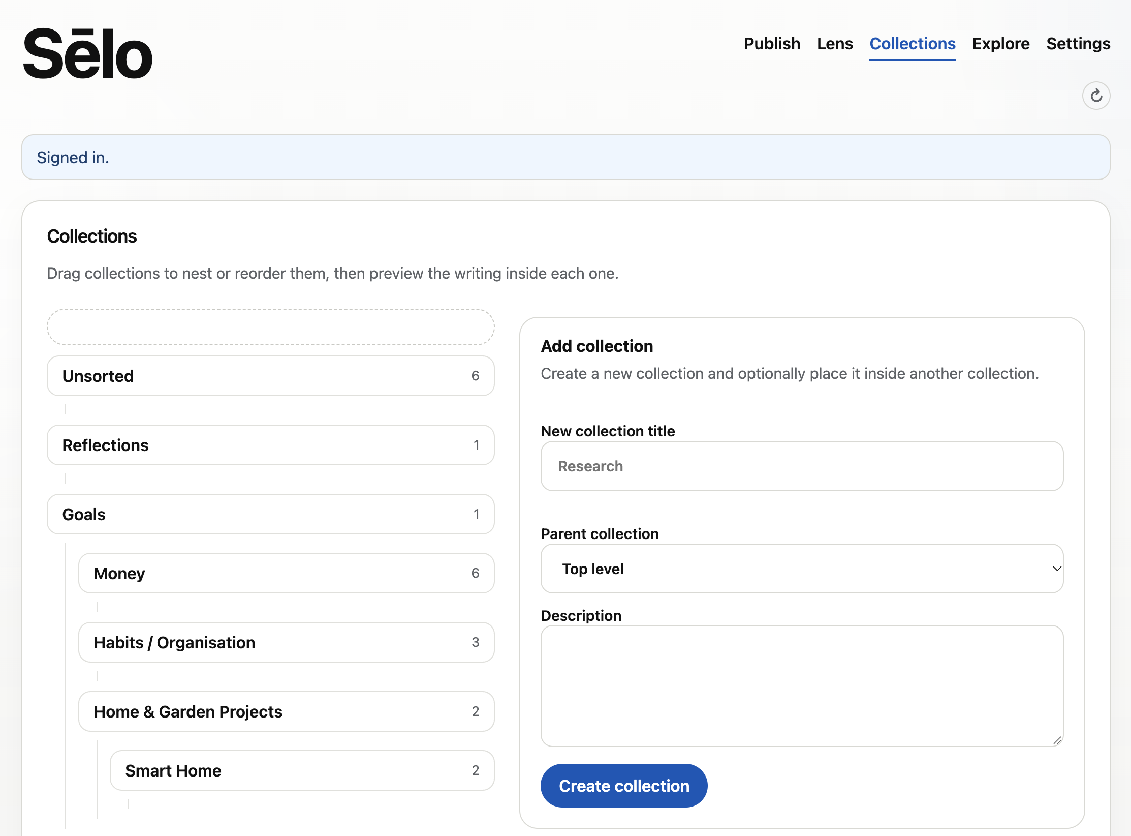 Sēlo’s collections interface, showing nested collections, item counts and a form for adding a collection.