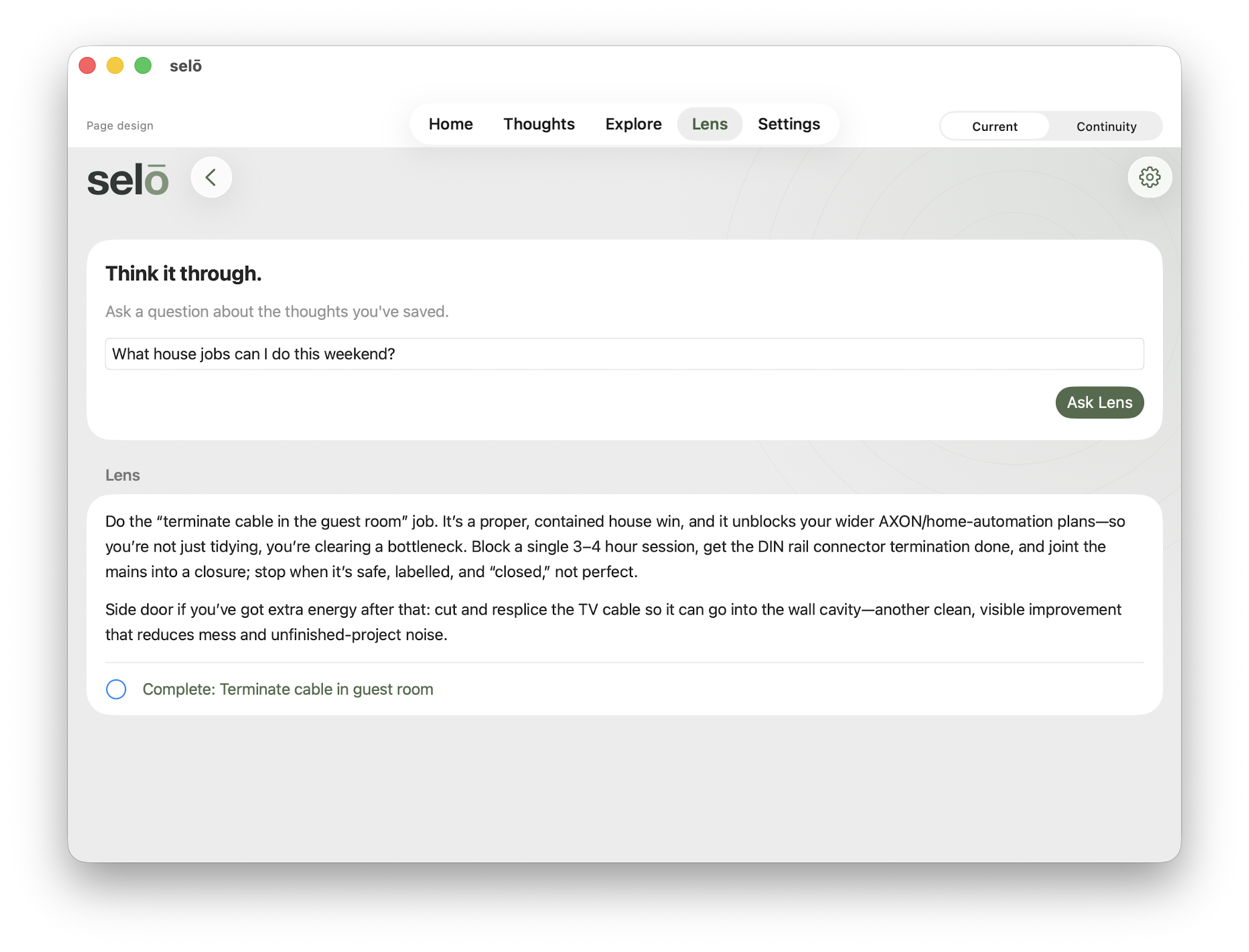 Sēlo’s Lens answer to a question about weekend house jobs, with a linked action to complete.