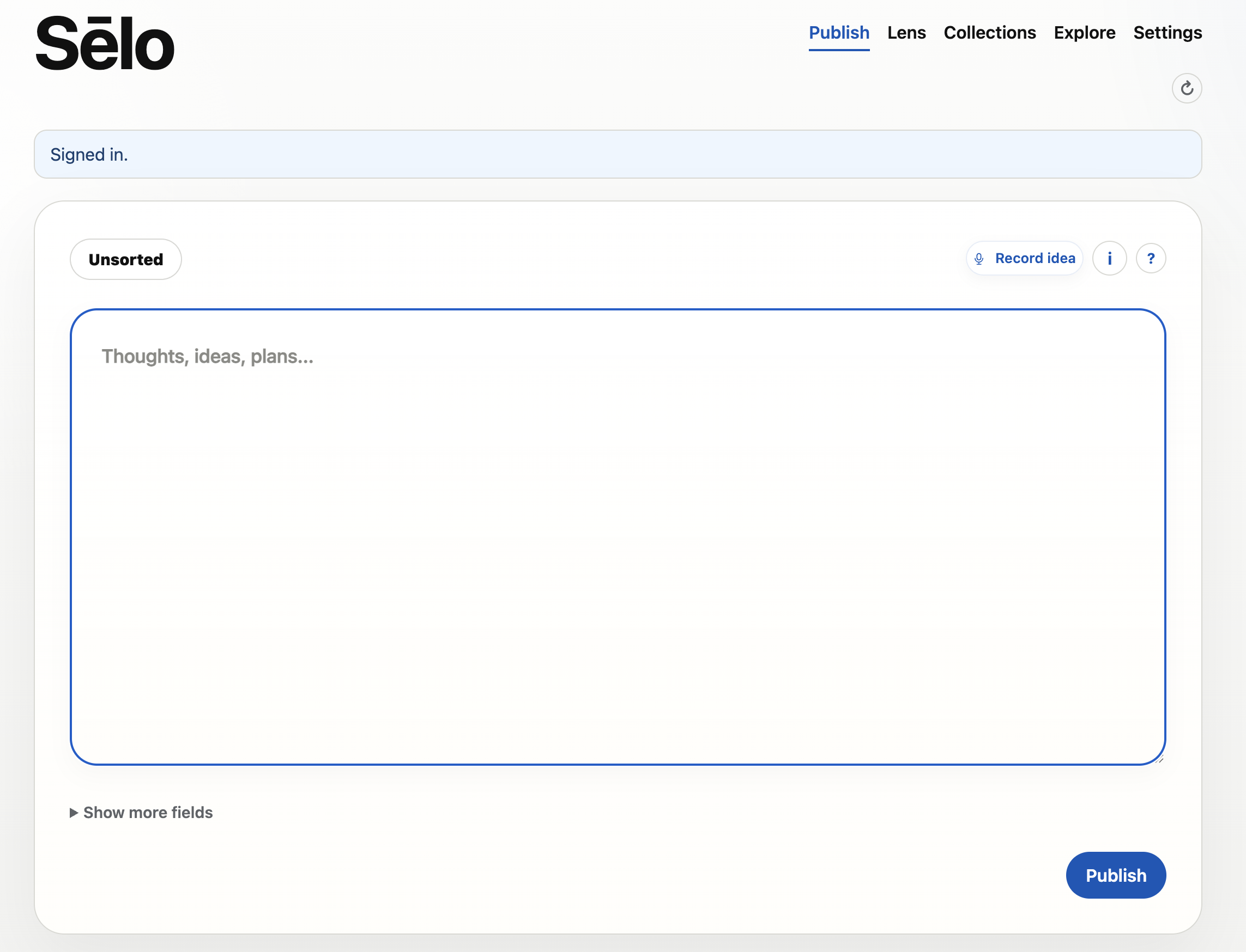 Sēlo’s writing interface, with a large field for thoughts, ideas and plans, a Record idea control and a Publish button.